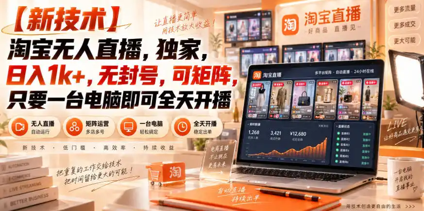 【独家新技术】淘宝无人直播，日入1k+，无封号，可矩阵，只要一台电脑即可全天开播【揭秘】-聚创源