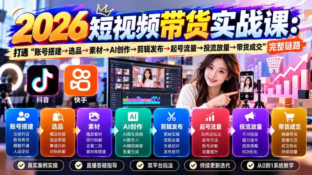 2026短视频带货实战课9月:打通“账号搭建→选品→素材→AI创作→剪辑发布→起号流量→投流放量→带货成交”完整链路 2026短视频带货实战课9月:打通“账号搭建→选品→素材→AI创作→剪辑发布→起号流量→投流放量→带货成交”完整链路