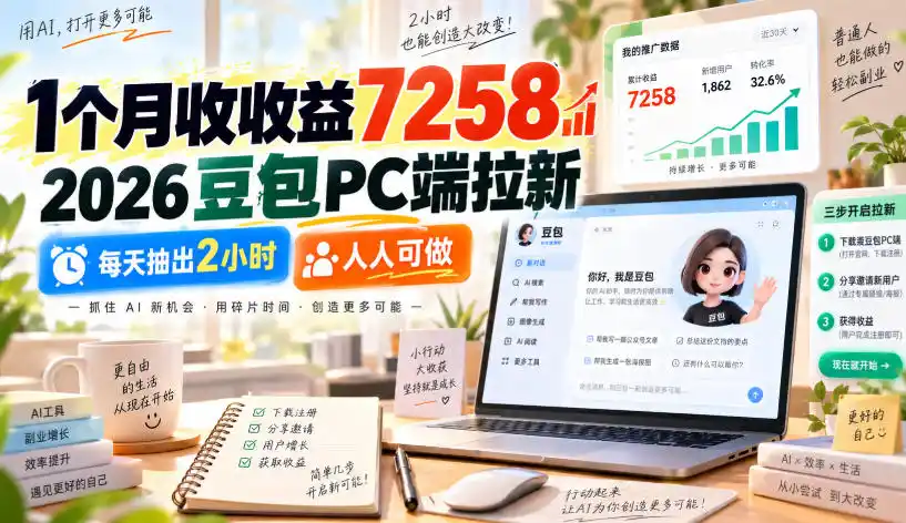 1个月收收益7258，2026豆包PC端拉新，每天抽出2小时，人人可做-聚创源