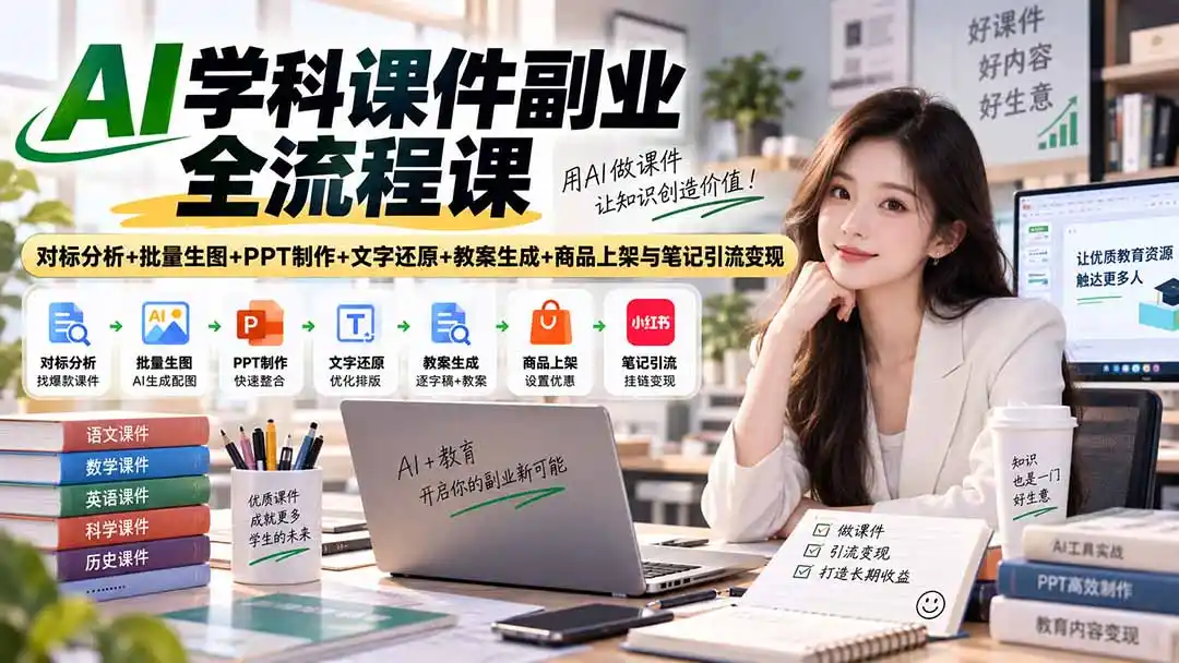 AI学科课件副业全流程课｜对标分析+批量生图+PPT制作+文字还原+教案生成+商品上架与笔记引流变现-聚创源