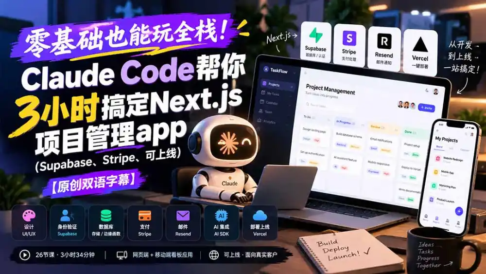 零基础也能玩全栈！Claude Code帮你3小时搞定Next.js项目管理app(Supabase、Stripe、可上线-聚创源