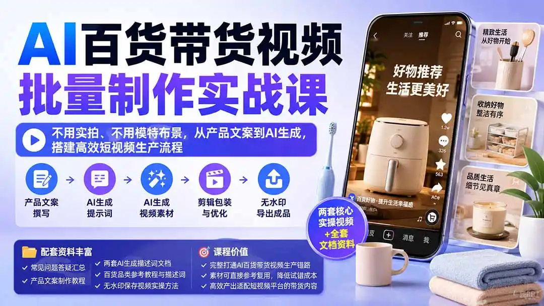 AI百货带货视频批量制作实战课：不用实拍、不用模特布景，从产品文案到AI生成，搭建高效短视频生产流程-聚创源