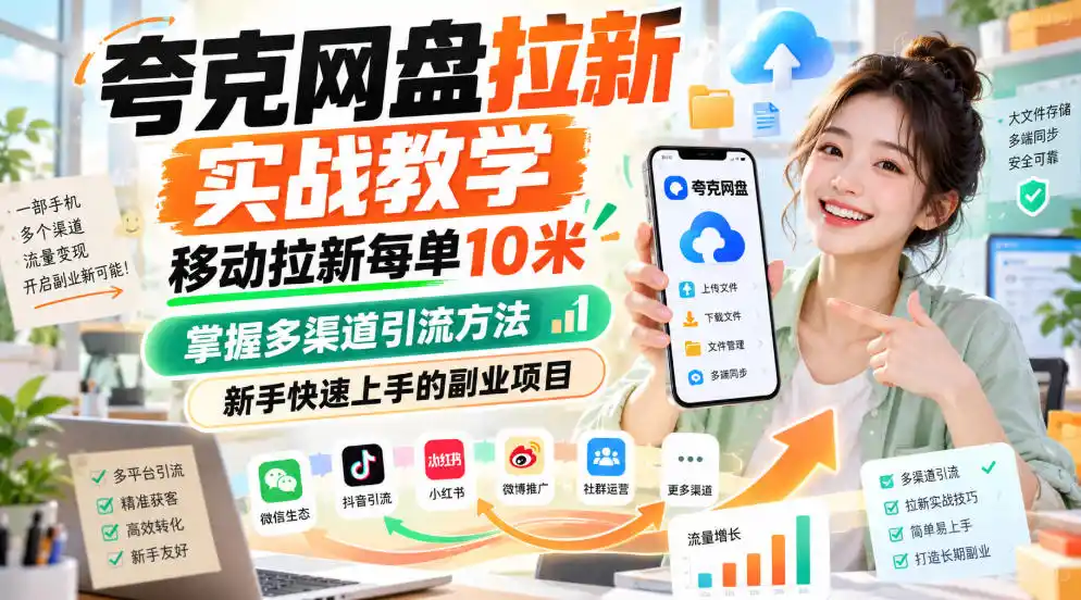 夸克网盘拉新实战教学，移动拉新每单10米，掌握多渠道引流方法，新手快速上手的副业项目-聚创源