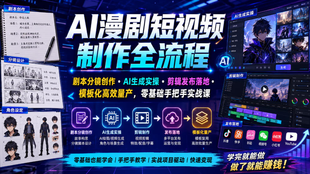 AI漫剧短视频制作全流程|剧本分镜创作・AI生成实操・剪辑发布落地・模板化高效量产,零基础手把手实战课-聚创源