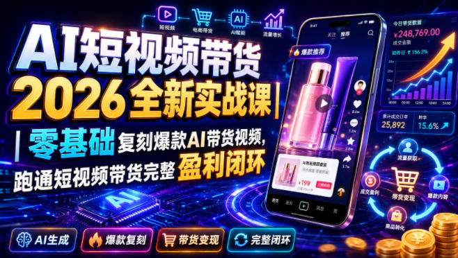 AI短视频带货2026全新实战课|零基础复刻爆款AI带货视频,跑通短视频带货完整盈利闭环-聚创源