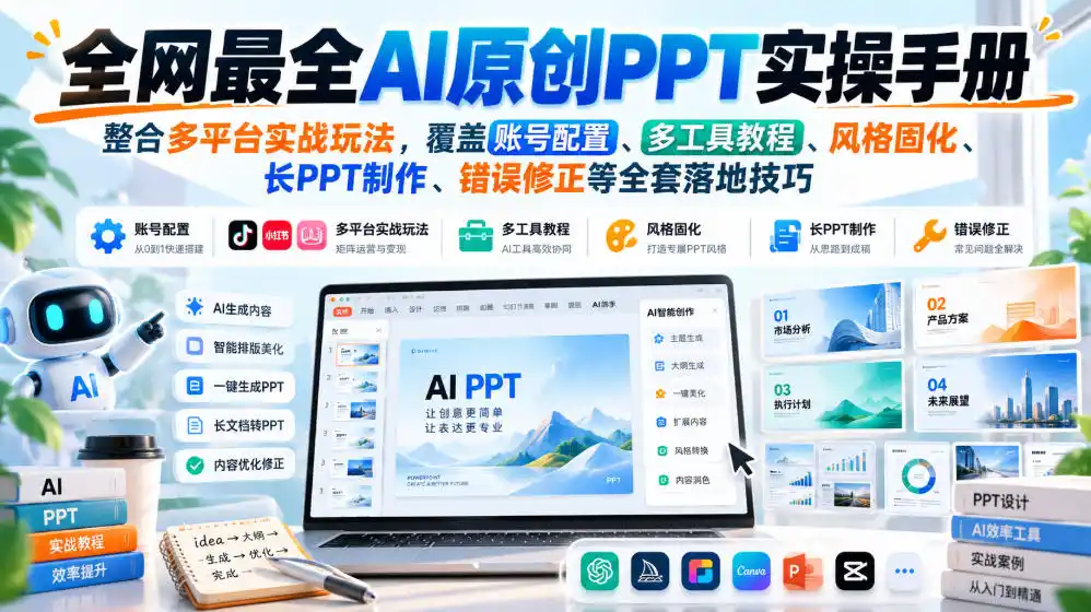 全网最全AI原创PPT实操手册，整合多平台实战玩法，覆盖账号配置、多工具教程、风格固化、长PPT制作、错误修正等全套落地技巧-聚创源