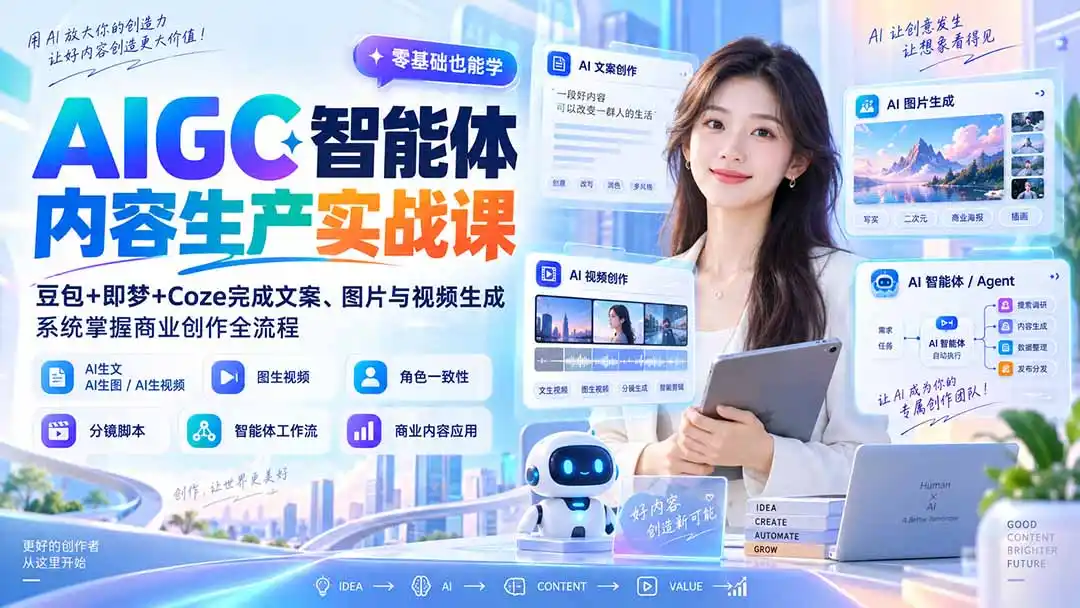 AIGC智能体内容生产实战课：豆包+即梦+Coze完成文案、图片与视频生成，系统掌握商业创作全流程-聚创源