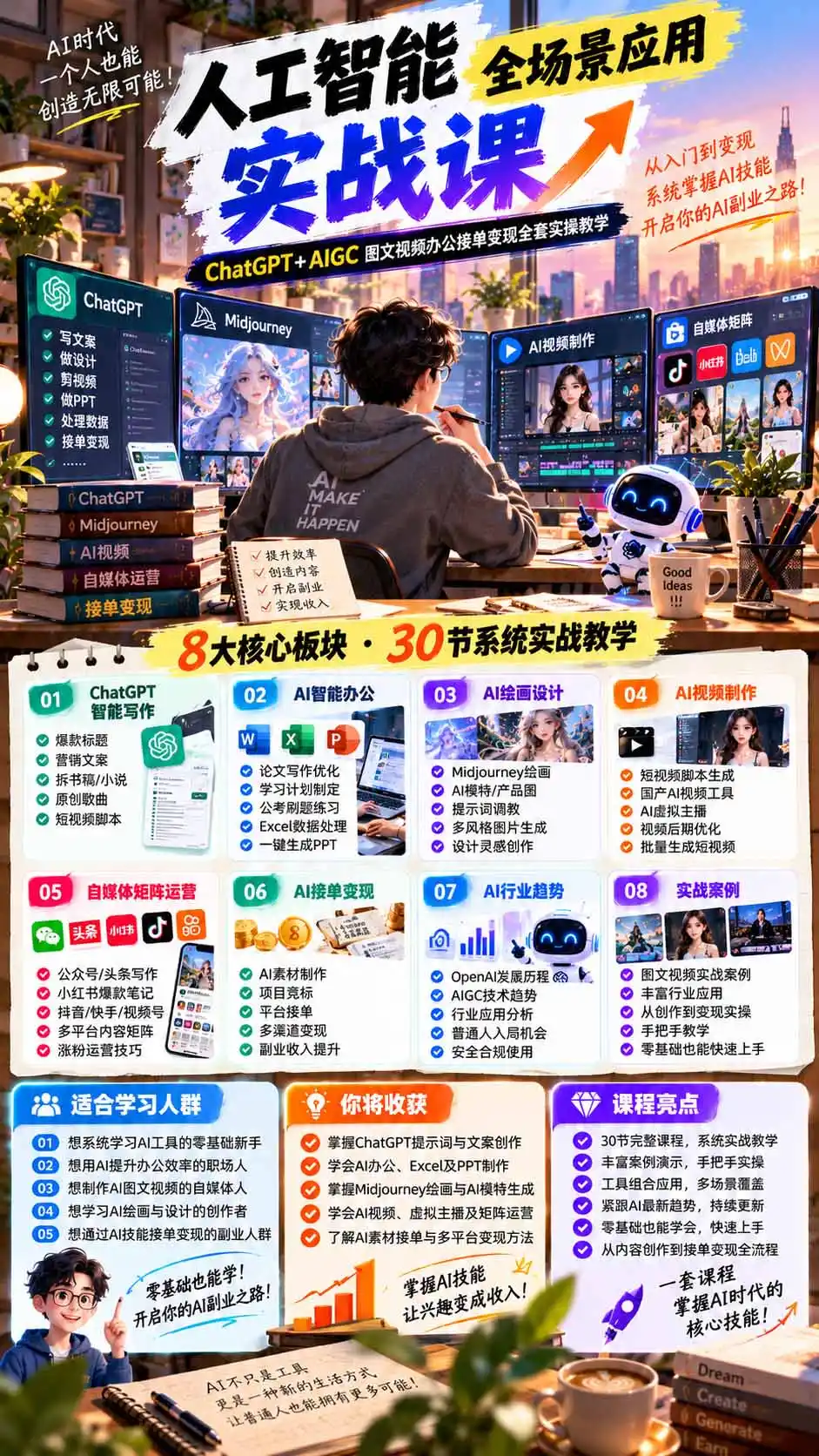 一个人掌握AI写作设计剪辑全套技能：从ChatGPT办公、AI绘画到虚拟主播、自媒体运营及接单变现-聚创源