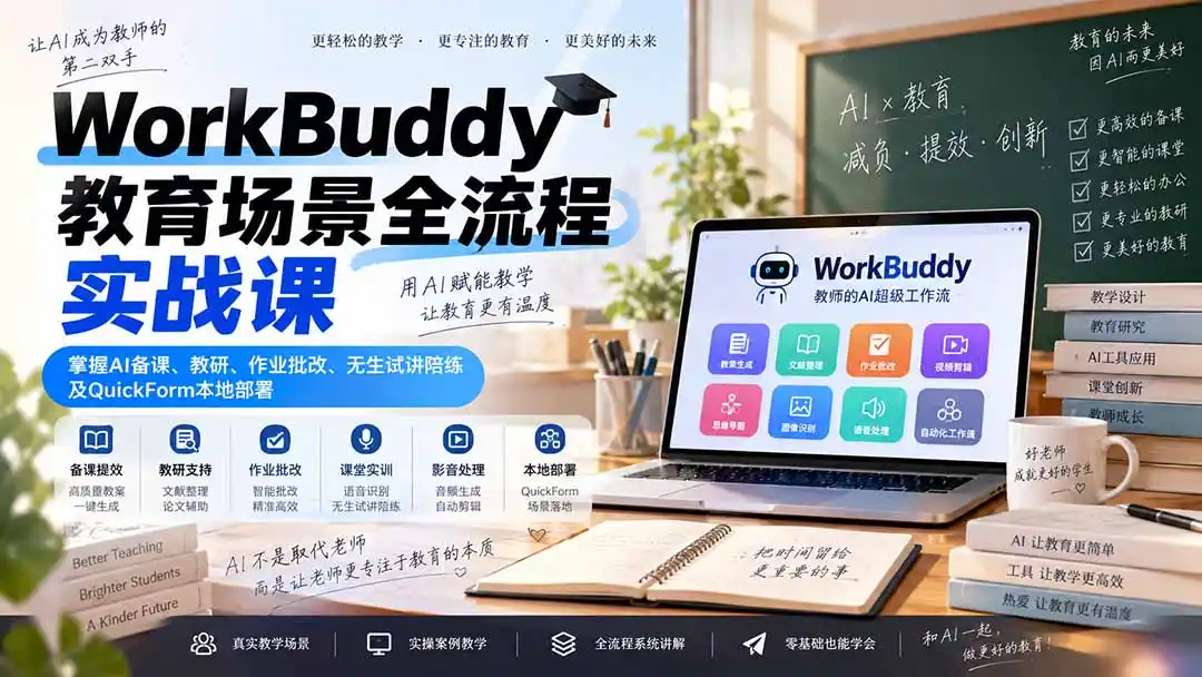 WorkBuddy教育场景全流程实战课：掌握AI备课、教研、作业批改、无生试讲陪练及QuickForm本地部署-聚创源
