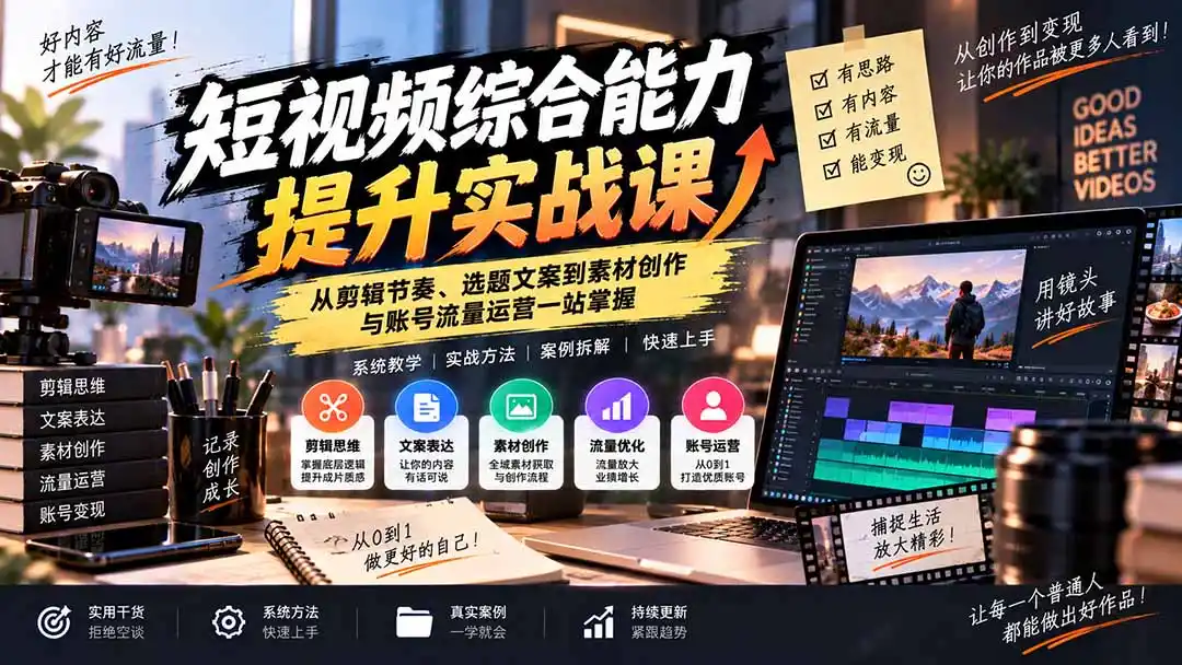 短视频综合能力提升实战课：从剪辑节奏、选题文案到素材创作与账号流量运营一站掌握-聚创源
