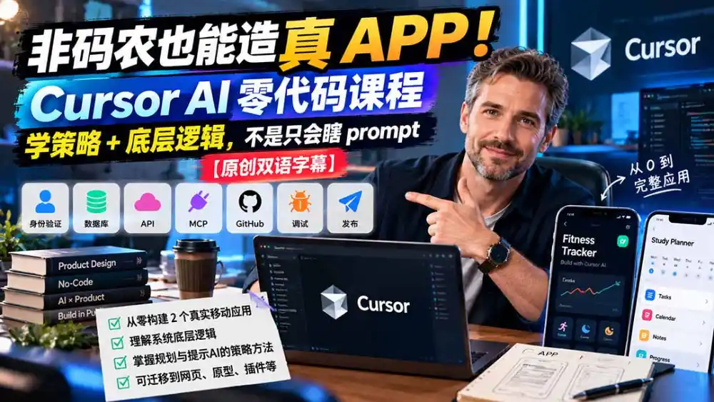 非码农也能造真 APP！Cursor AI 零代码课程：学策略 + 底层逻辑，不是只会瞎 prompt【原创双语字幕】-聚创源