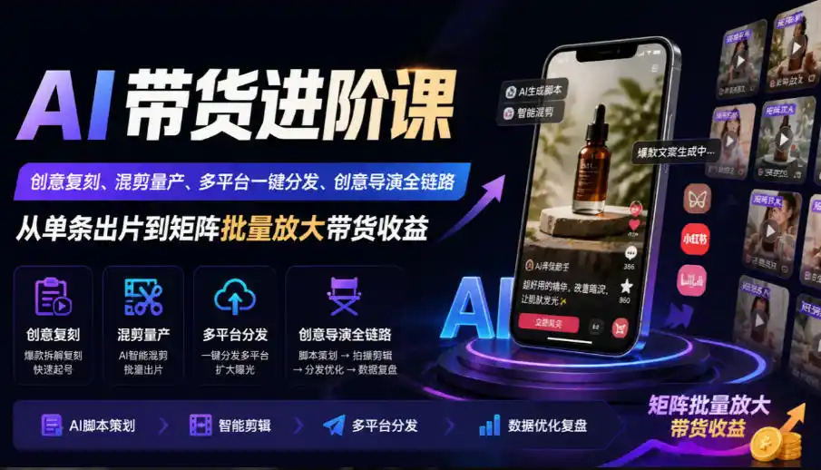 AI带货进阶课｜创意复刻、混剪量产、多平台一键分发、创意导演全链路，从单条出片到矩阵批量放大带货收益-聚创源