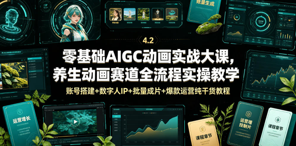 零基础AIGC动画实战大课，养生动画赛道全流程实操教学，账号搭建+数字人IP+批量成片+爆款运营纯干货教程-聚创源