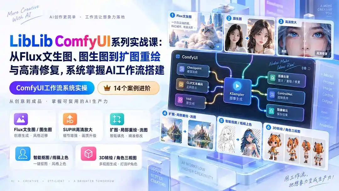 LibLib ComfyUI系列实战课：从Flux文生图、图生图到扩图重绘与高清修复，系统掌握AI工作流搭建-聚创源