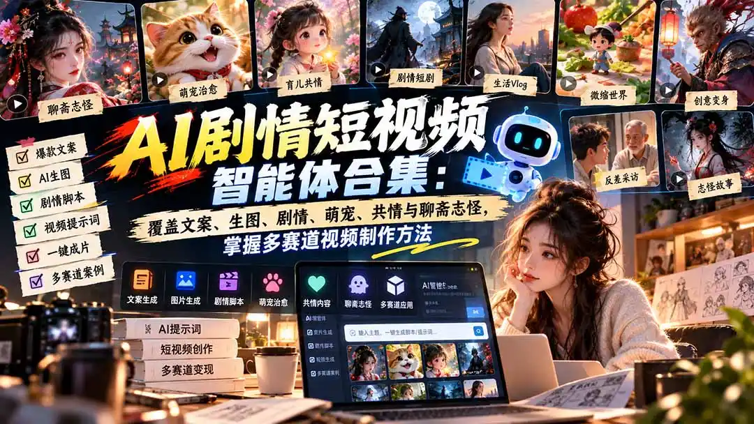 【无水印】AI剧情短视频智能体合集：覆盖文案、生图、剧情、萌宠、共情与聊斋志怪，掌握多赛道视频制作方法-聚创源