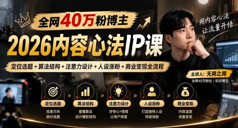 【无水印】全网40W粉博主的2026内容心法IP课,定位选题+算法结构+注意力设计+人设涨粉+商业变现全流程-聚创源