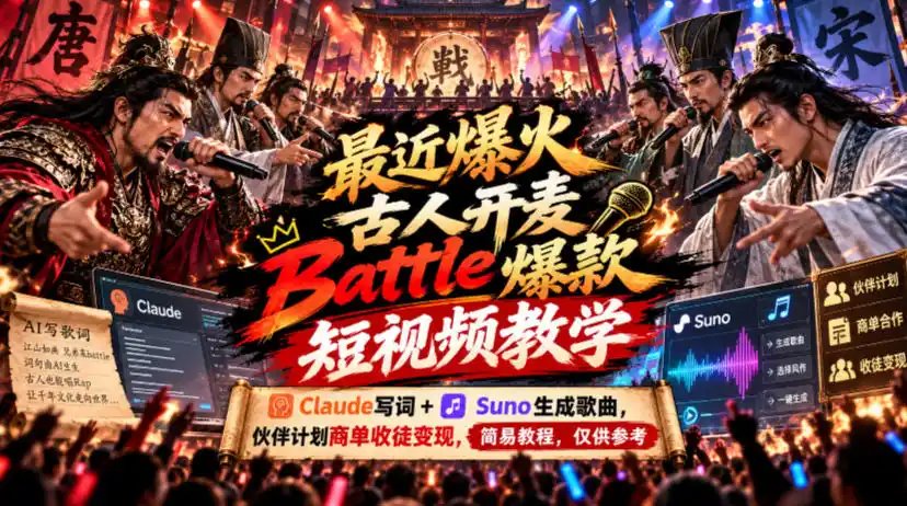 最近爆火古人开麦Battle爆款短视频教学,Claude写词+Suno生成歌曲,伙伴计划商单收徒变现,简易教程,仅供参考 最近爆火古人开麦Battle爆款短视频教学,Claude写词+Suno生成歌曲,伙伴计划商单收徒变现,简易教程,仅供参考