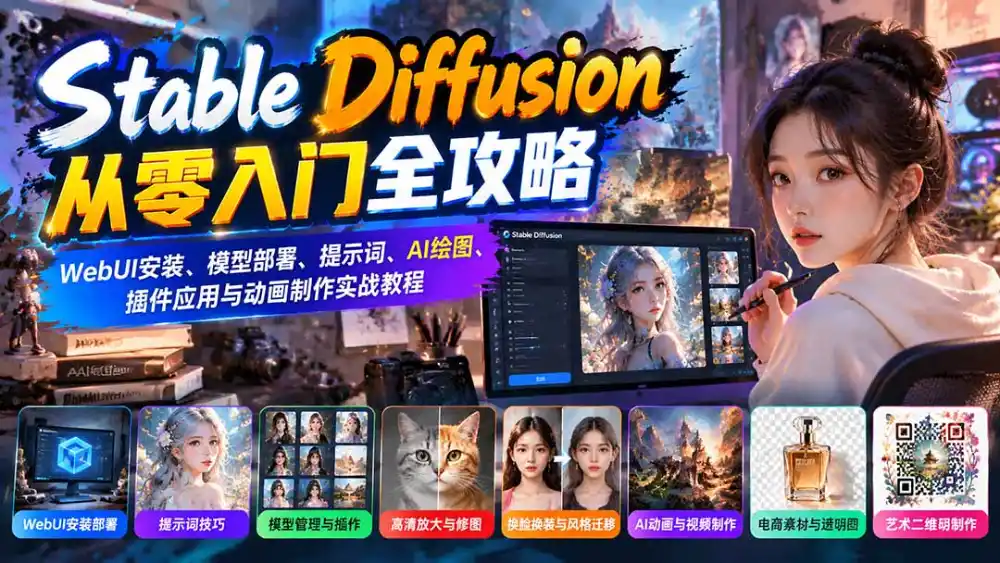 Stable Diffusion从零入门全攻略：WebUI安装、模型部署、提示词、AI绘图、插件应用与动画制作实战教程-聚创源