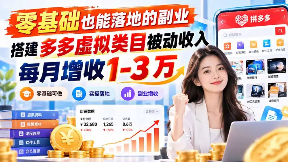 零基础也能落地的副业,搭建多多虚拟类目被动收入,每月增收 1-3 万 零基础也能落地的副业,搭建多多虚拟类目被动收入,每月增收 1-3 万