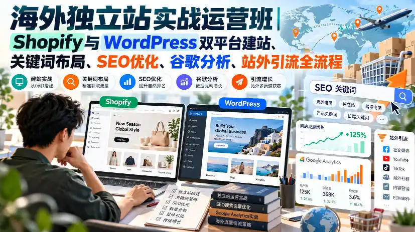 海外独立站实战运营班｜Shopify与WordPress双平台建站、关键词布局、SEO优化、谷歌分析、站外引流全流程-聚创源