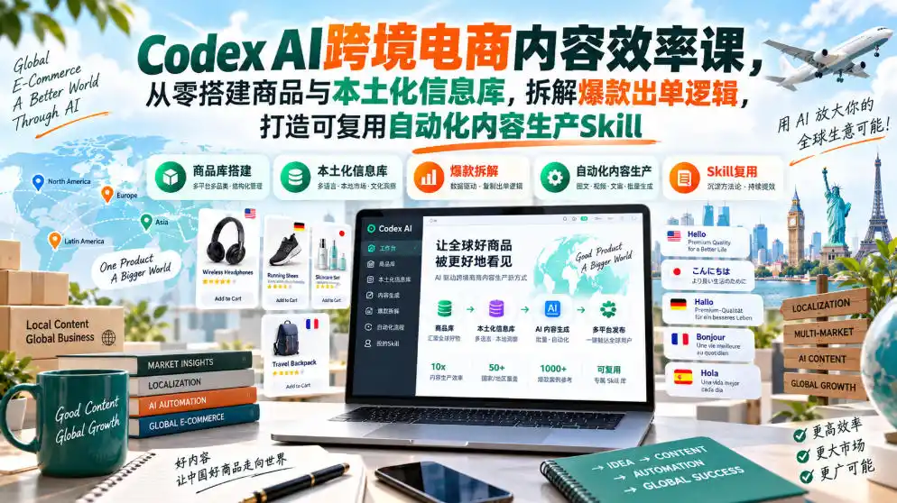 Codex AI跨境电商内容效率课，从零搭建商品与本土化信息库，拆解爆款出单逻辑，打造可复用自动化内容生产Skill-聚创源
