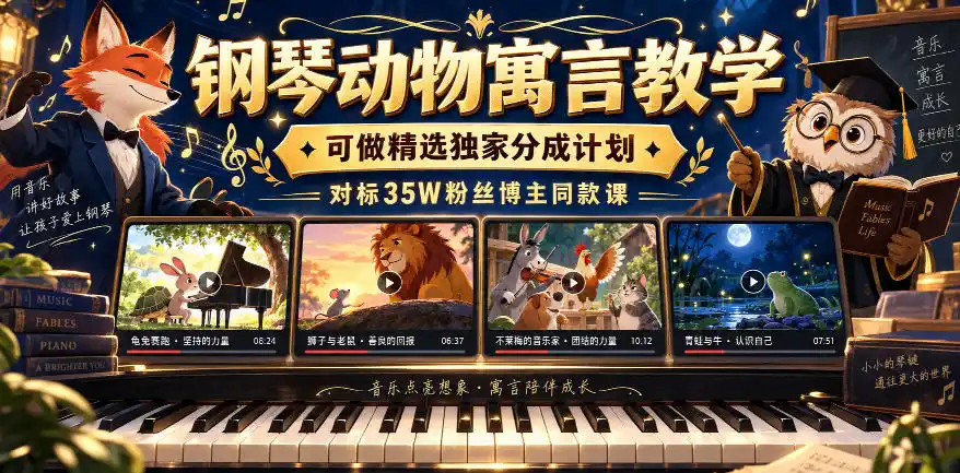 钢琴动物寓言教学，可做精选独家分成计划，对标35W粉丝博主同款课-聚创源