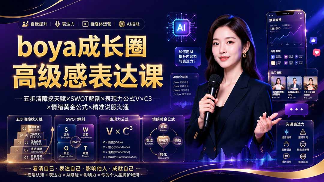 boya成长圈｜内心成长高级表达AI自媒体三合一，消解内耗挖掘天赋，镜头沟通AI指令短视频全流程教学-聚创源