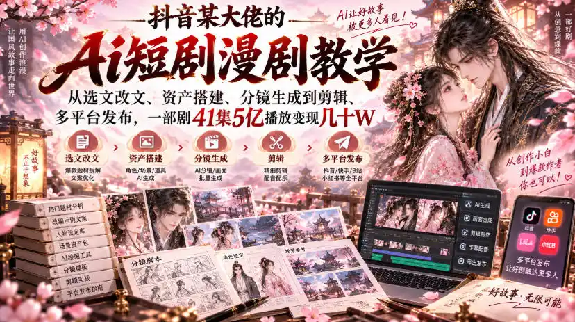 抖音某大佬的Ai短剧漫剧教学,从选文改文、资产搭建、分镜生成到剪辑、多平台发布,一部剧41集5亿播放变现几十W-聚创源