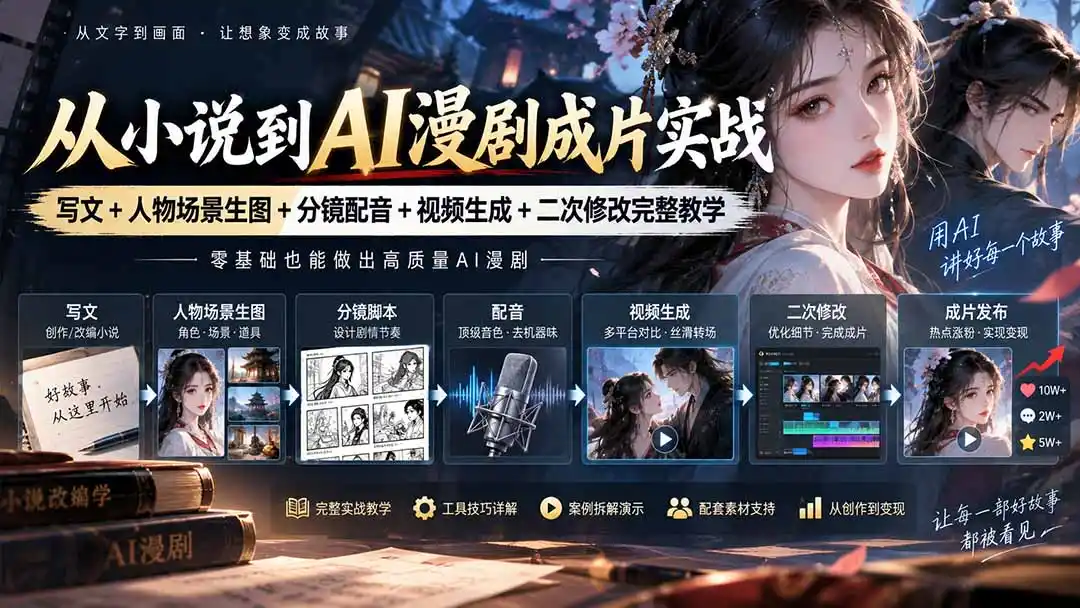 从小说到AI漫剧成片实战：写文+人物场景生图+分镜配音+视频生成+二次修改完整教学-聚创源