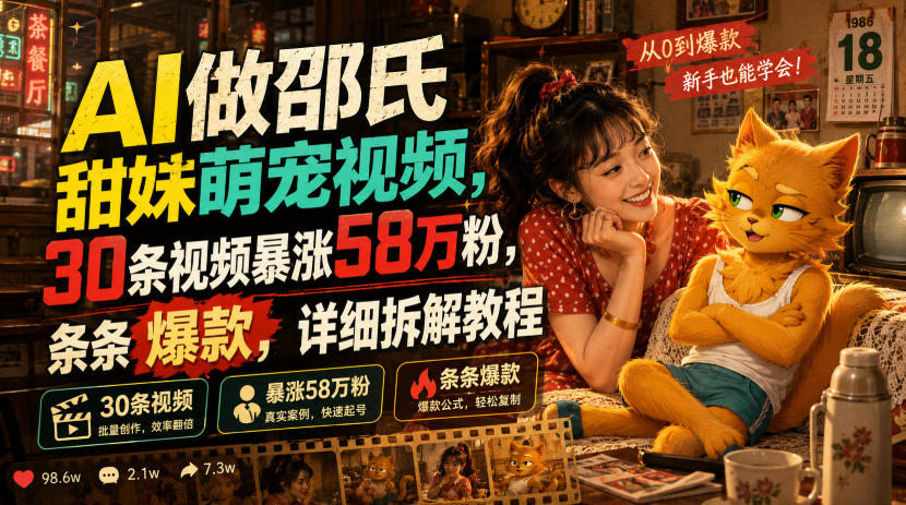 AI做邵氏甜妹萌宠视频，30条视频暴涨58万粉，条条爆款，详细拆解教程-聚创源