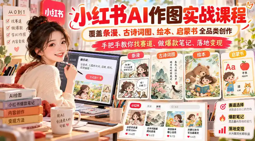 小红书AI作图实战课程，覆盖条漫、古诗词图、绘本、启蒙书全品类创作，手把手教你找赛道、做爆款笔记、落地变现-聚创源