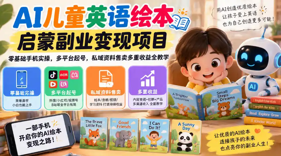 AI儿童英语绘本启蒙副业变现项目，零基础手机实操，多平台起号，私域资料售卖多重收益全教学-聚创源