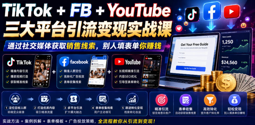 TikTok+FB+YouTube三大平台引流变现实战课，通过社交媒体获取销售线索，别人填表单你賺钱【原创双语字幕】-聚创源