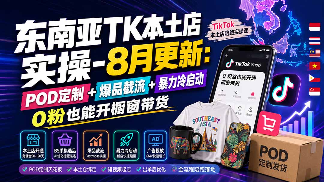 东南亚TK本土店实操-8月更新：POD定制+爆品截流+暴力冷启动，0粉也能开橱窗带货-聚创源