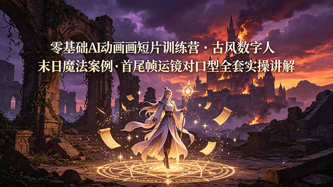 零基础AI动画短片训练营，古风数字人末日魔法案例，首尾帧运镜对口型全套实操讲解-聚创源
