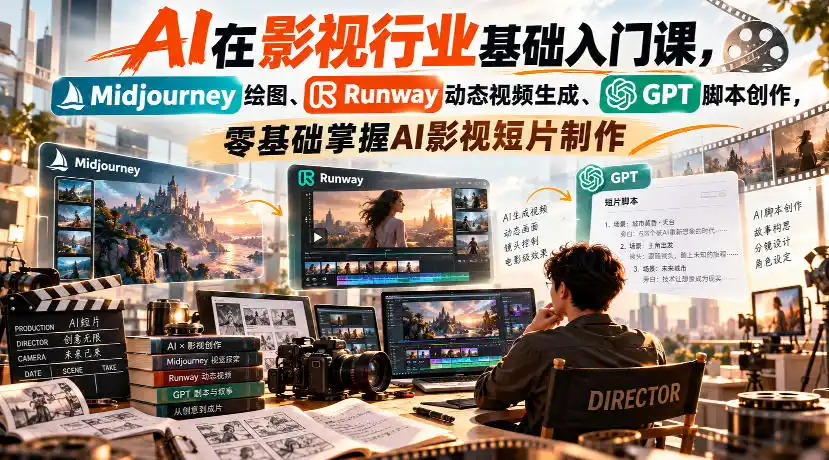 【无水印】AI在影视行业基础入门课，Midjourney绘图、Runway动态视频生成、GPT脚本创作，零基础掌握AI影视短片制作-聚创源
