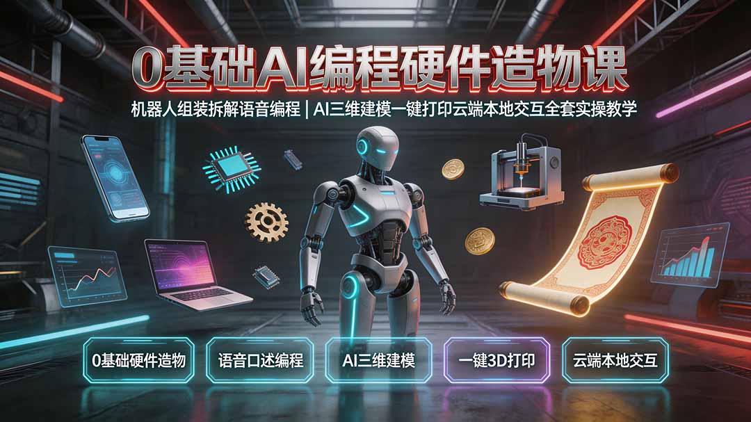 0基础AI编程硬件造物课｜机器人组装拆解语音编程，AI三维建模一键打印云端本地交互全套实操教学-聚创源
