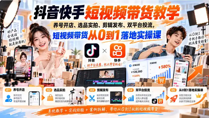 抖音快手短视频带货教学｜养号开店、选品实拍、剪辑发布、双平台投流，短视频带货从0到1落地实操课-聚创源