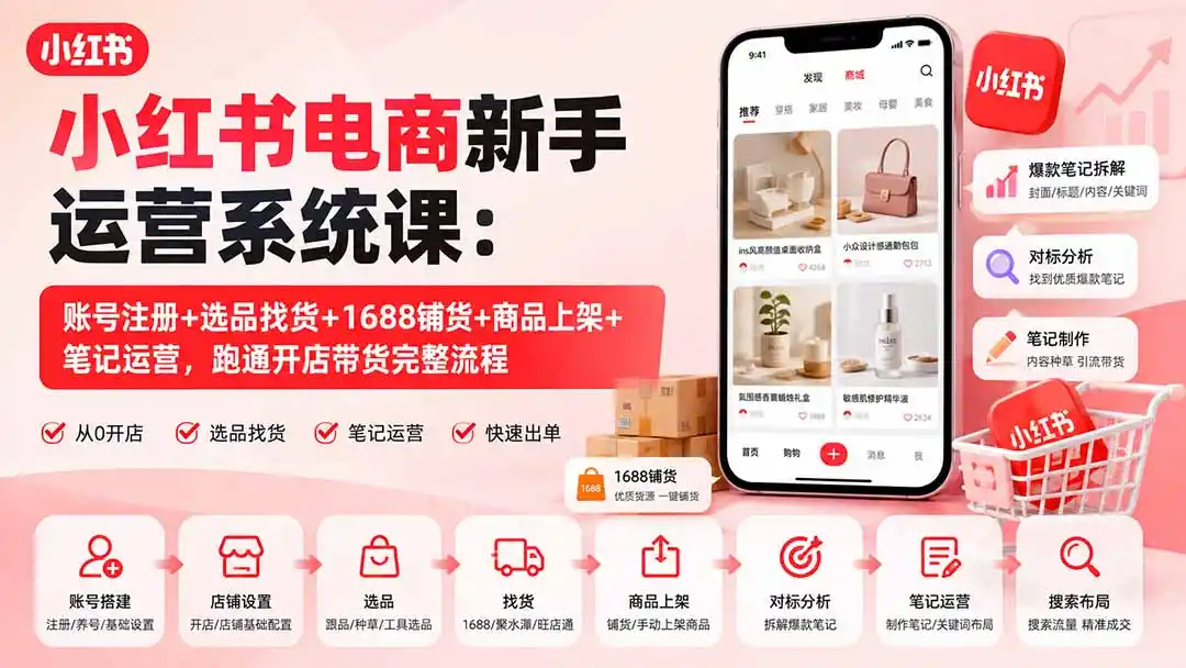 小红书电商新手运营系统课：账号注册+选品找货+1688铺货+商品上架+笔记运营，跑通开店带货完整流程-聚创源
