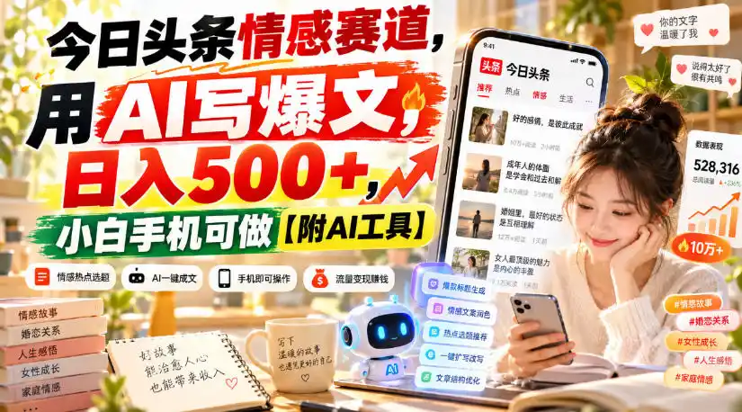 今日头条情感赛道，用AI写爆文，日入500+，小白手机可做【附AI工具】-聚创源