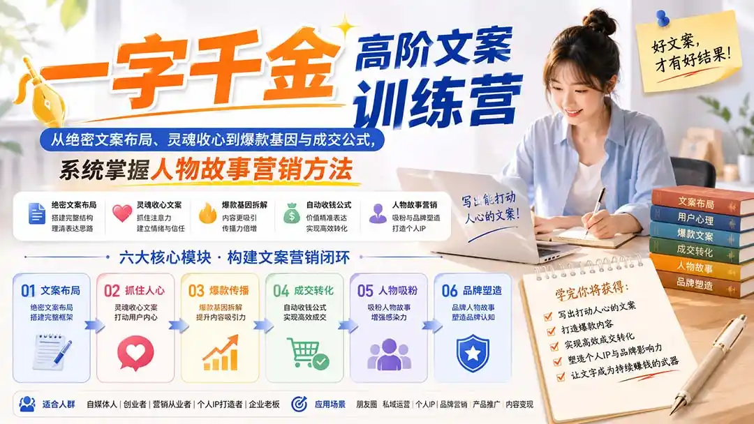 一字千金高阶文案训练营：从绝密文案布局、灵魂收心到爆款基因与成交公式，系统掌握人物故事营销方法-聚创源