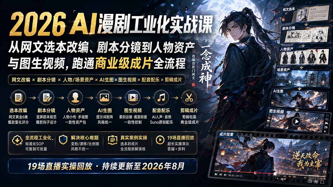 2026 AI漫剧工业化实战课-更新：从网文选本改编、剧本分镜到人物资产与图生视频，跑通商业级成片全流程-聚创源