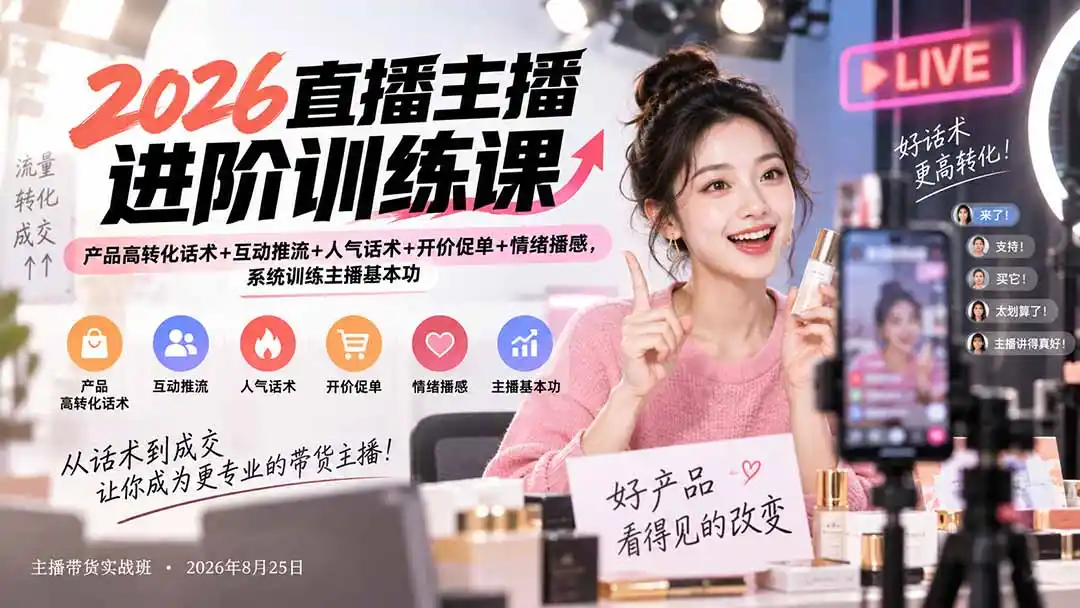 2026直播主播进阶训练课：产品高转化话术+互动推流+人气话术+开价促单+情绪播感，系统训练主播基本功-聚创源