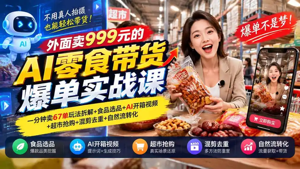 外面卖999元的AI零食带货爆单实战课|一分钟卖67单玩法拆解+食品选品+AI开箱视频+超市抢购+混剪去重+自然流转化 外面卖999元的AI零食带货爆单实战课|一分钟卖67单玩法拆解+食品选品+AI开箱视频+超市抢购+混剪去重+自然流转化