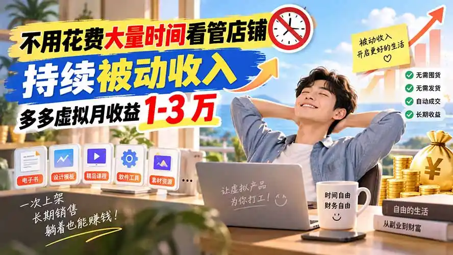 不用花费大量时间看管店铺，持续被动收入，多多虚拟月收益 1-3 万-聚创源