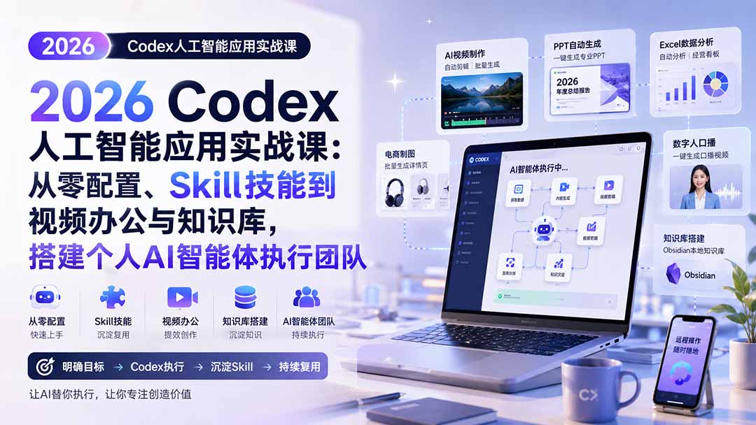 2026 Codex人工智能应用实战课：从零配置、Skill技能到视频办公与知识库，搭建个人AI智能体执行团队-聚创源