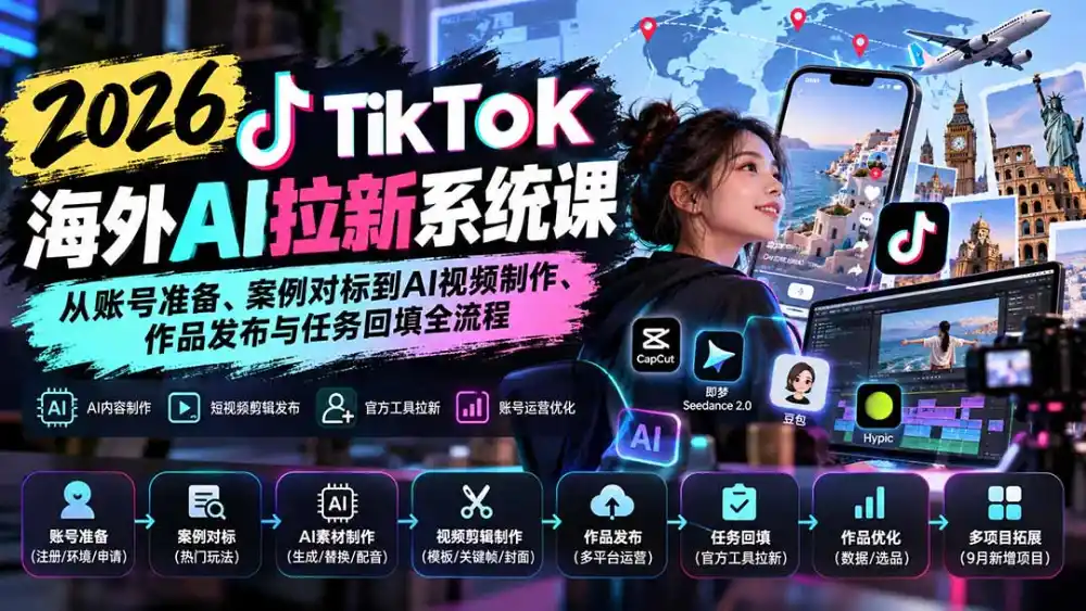 【无水印】2026 TikTok海外AI拉新系统课：从账号准备、案例对标到AI视频制作、作品发布与任务回填全流程-聚创源