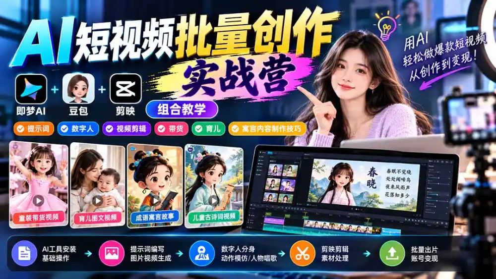 【无水印】AI短视频批量创作实战营：即梦+豆包+剪映组合教学，提示词/数字人/视频剪辑/带货/育儿/寓言内容制作技巧-聚创源