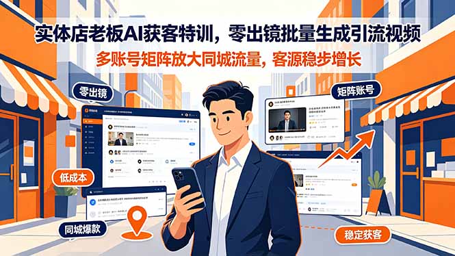 实体店老板AI获客特训，零出镜批量生成引流视频，多账号矩阵放大同城流量，客源稳步增长-聚创源