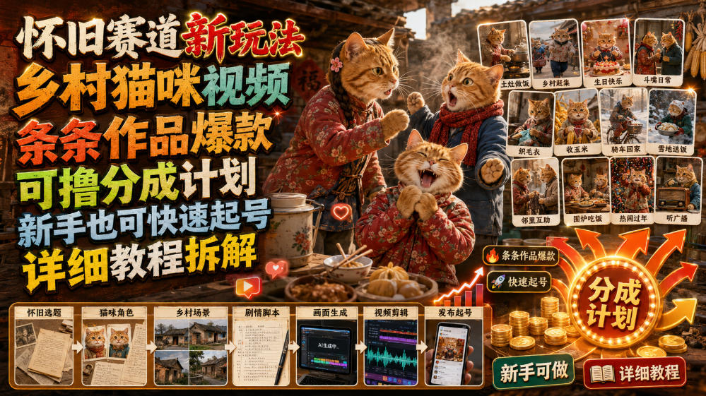 怀旧赛道新玩法,乡村猫咪视频,条条作品爆款,可撸分成计划,新手也可快速起号,详细教程拆解-聚创源